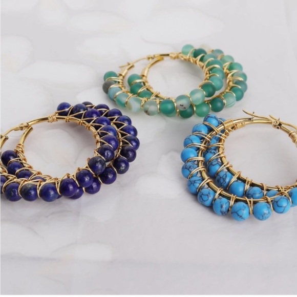 🌹🆕 Beaded Boho Hoop Earrings Blue and yellow gold - Picture 5 of 6